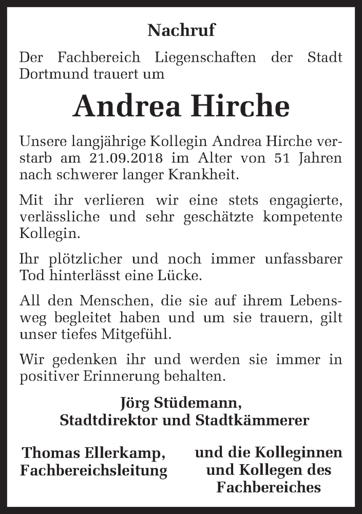  Traueranzeige für Andrea Hirche vom 06.10.2018 aus Ruhr Nachrichten