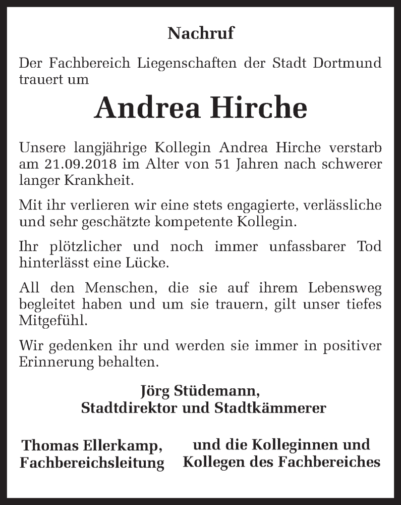  Traueranzeige für Andrea Hirche vom 06.10.2018 aus 