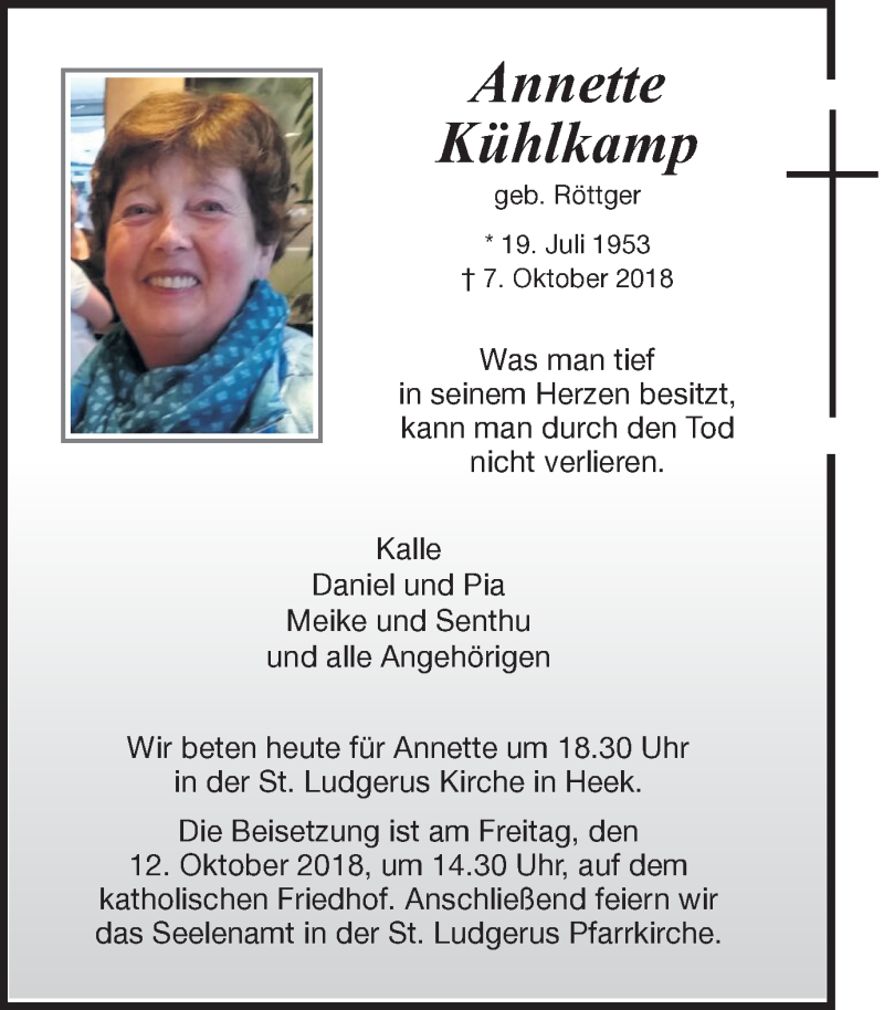  Traueranzeige für Annette Kühlkamp vom 10.10.2018 aus Münstersche Zeitung und Münsterland Zeitung