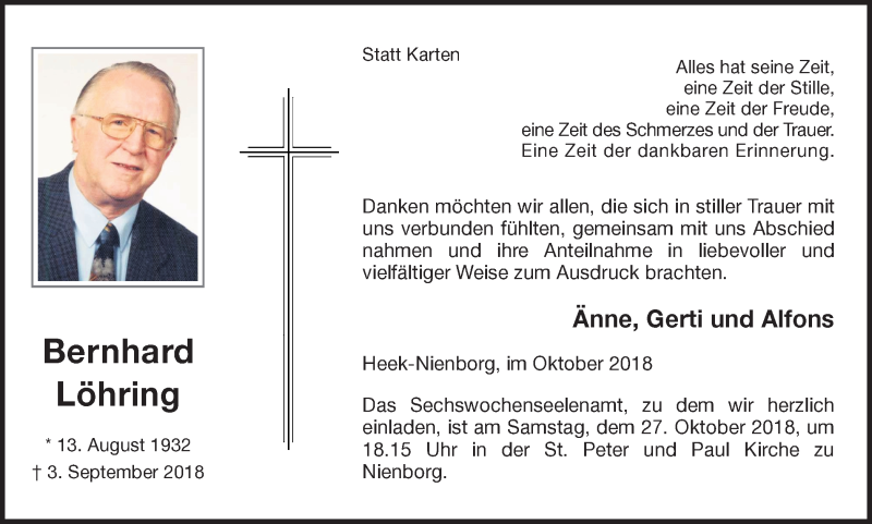  Traueranzeige für Bernhard Löhring vom 25.10.2018 aus 