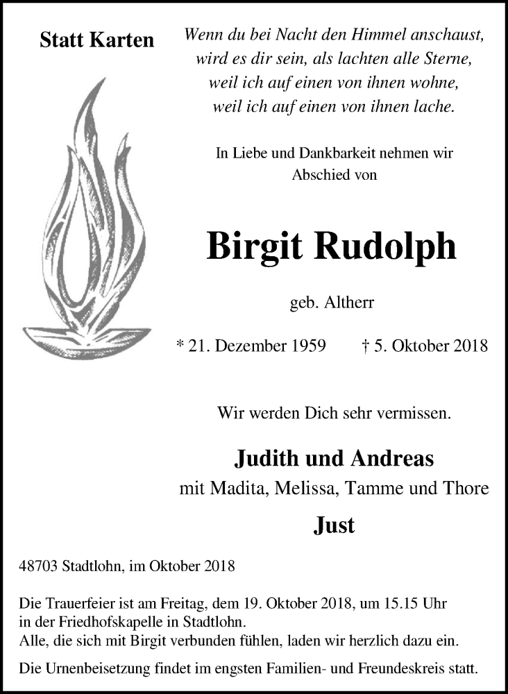  Traueranzeige für Birgit Rudolph vom 17.10.2018 aus Münstersche Zeitung und Münsterland Zeitung