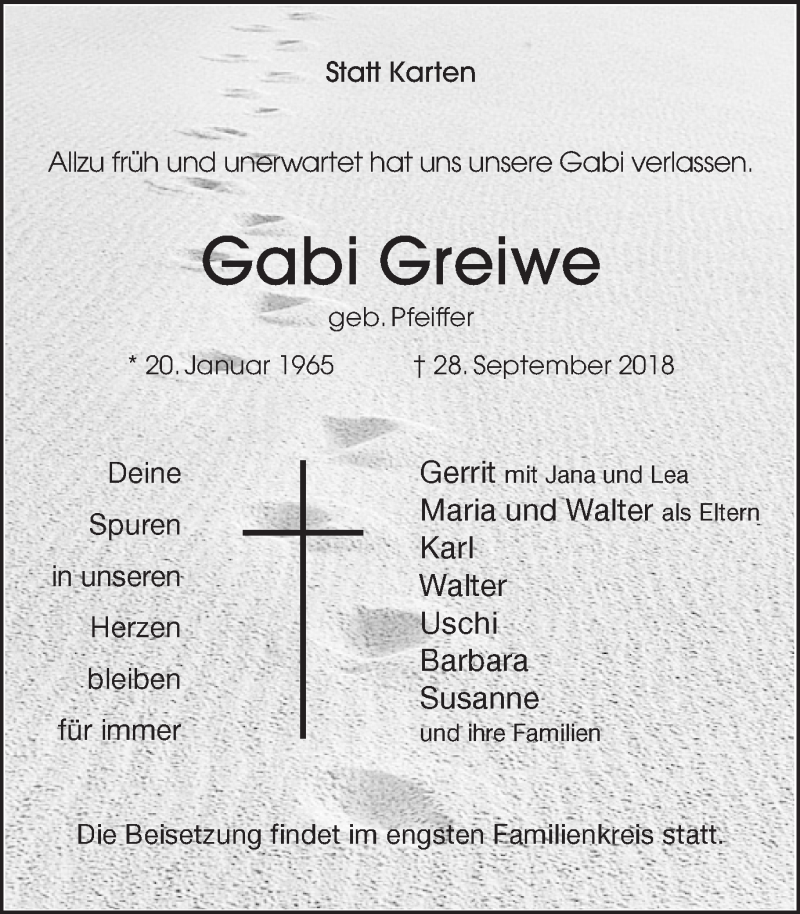  Traueranzeige für Gabi Greiwe vom 11.10.2018 aus Münstersche Zeitung und Münsterland Zeitung
