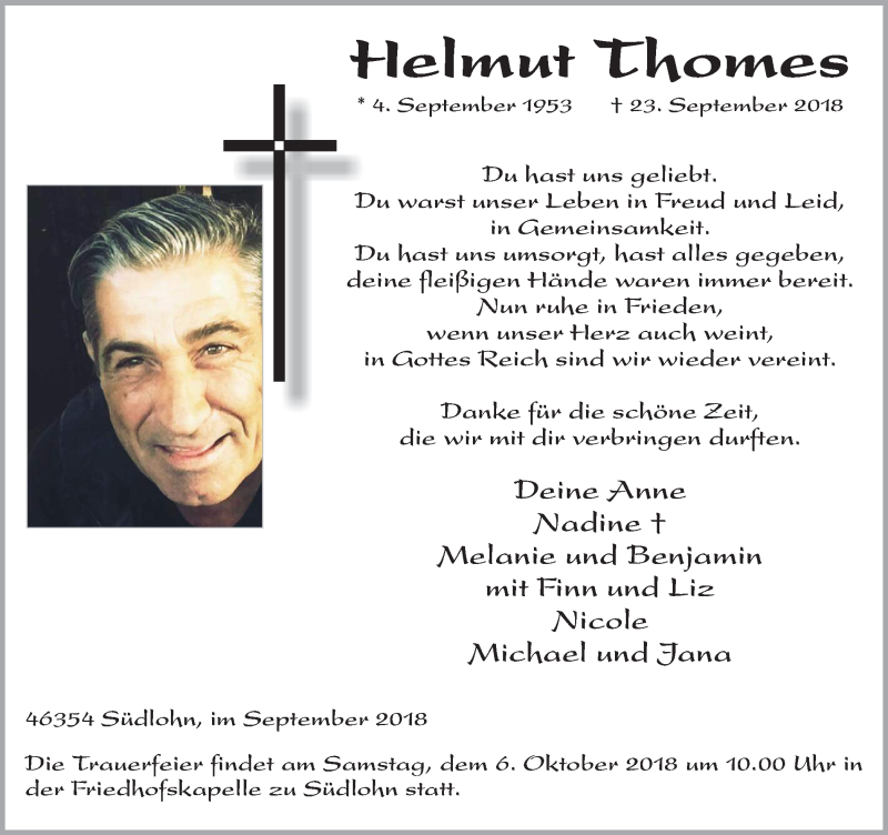  Traueranzeige für Helmut Thomes vom 02.10.2018 aus Münstersche Zeitung und Münsterland Zeitung