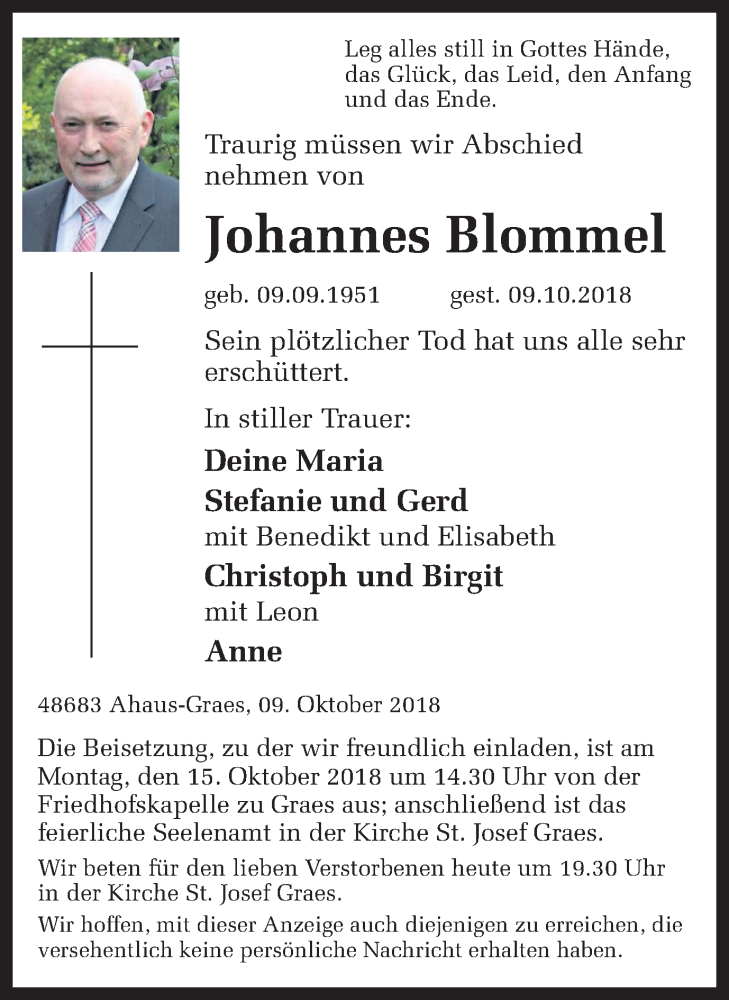  Traueranzeige für Johannes Blommel vom 11.10.2018 aus Münstersche Zeitung und Münsterland Zeitung