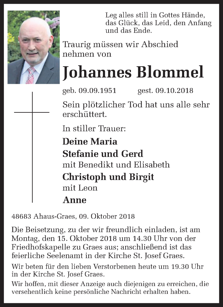  Traueranzeige für Johannes Blommel vom 11.10.2018 aus 