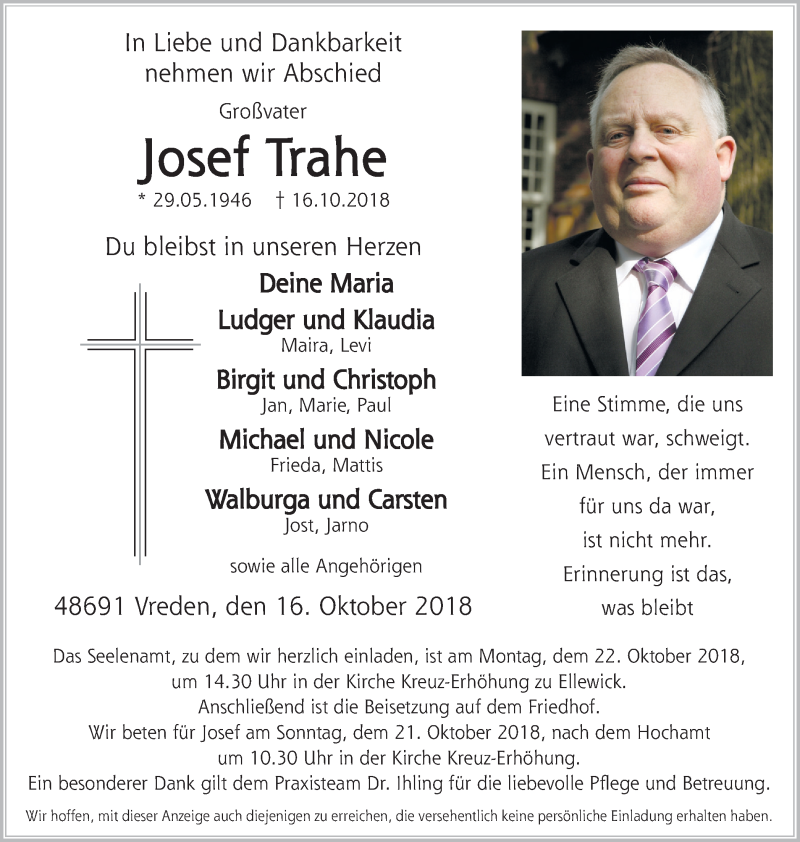  Traueranzeige für Josef Trahe vom 19.10.2018 aus Münstersche Zeitung und Münsterland Zeitung