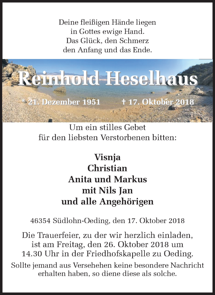  Traueranzeige für Reinhold Heselhaus vom 19.10.2018 aus Münstersche Zeitung und Münsterland Zeitung