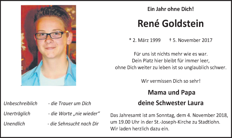  Traueranzeige für René Goldstein vom 31.10.2018 aus Münstersche Zeitung und Münsterland Zeitung