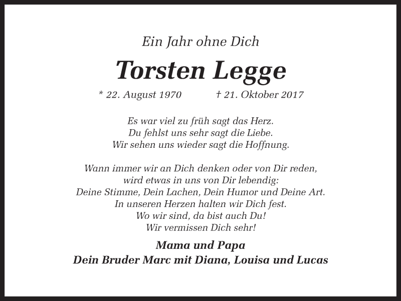  Traueranzeige für Torsten Legge vom 20.10.2018 aus Ruhr Nachrichten
