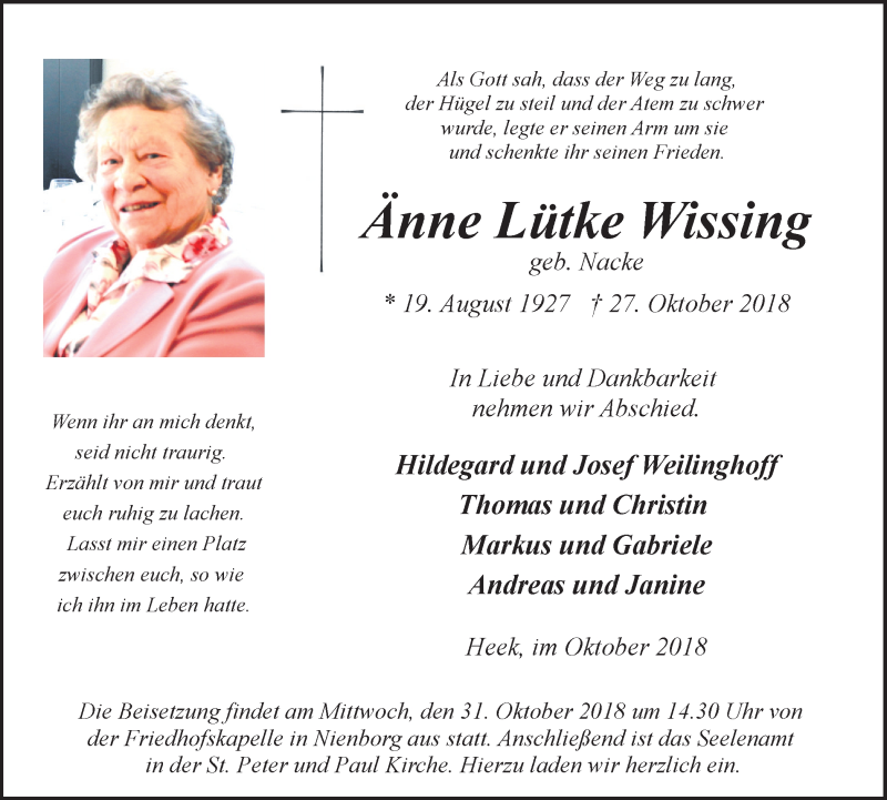  Traueranzeige für Änne Lütke Wissing vom 30.10.2018 aus Münstersche Zeitung und Münsterland Zeitung