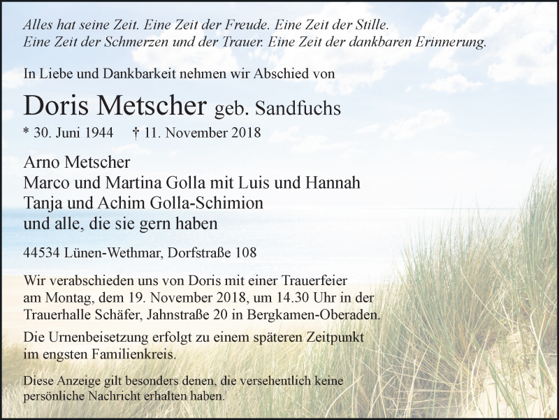  Traueranzeige für Doris Metscher vom 16.11.2018 aus Ruhr Nachrichten