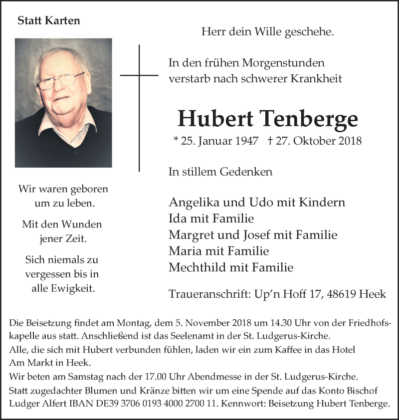  Traueranzeige für Hubert Tenberge vom 01.11.2018 aus Münstersche Zeitung und Münsterland Zeitung