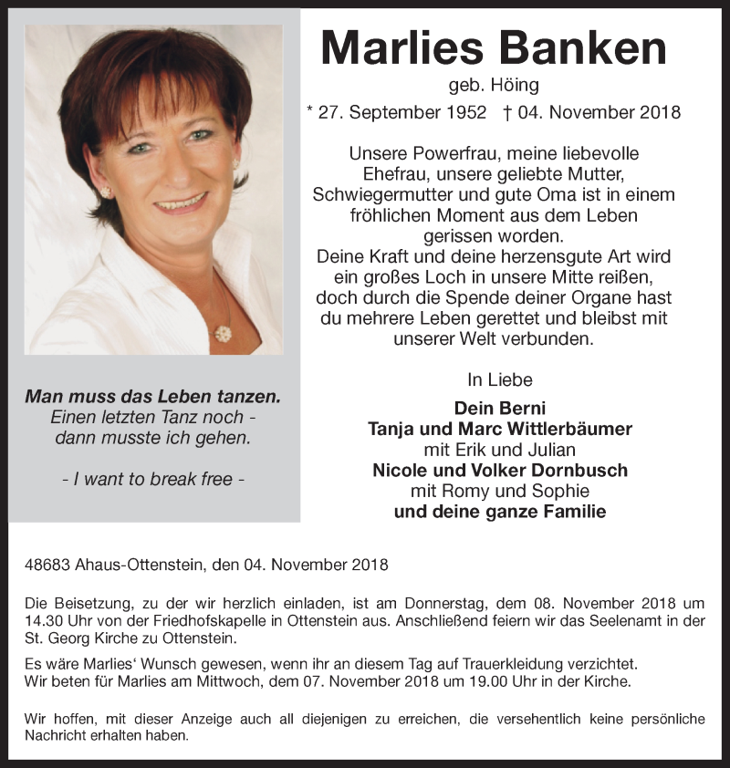  Traueranzeige für Marlies Banken vom 06.11.2018 aus Münstersche Zeitung und Münsterland Zeitung