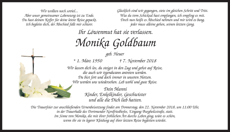  Traueranzeige für Monika Goldbaum vom 17.11.2018 aus Ruhr Nachrichten