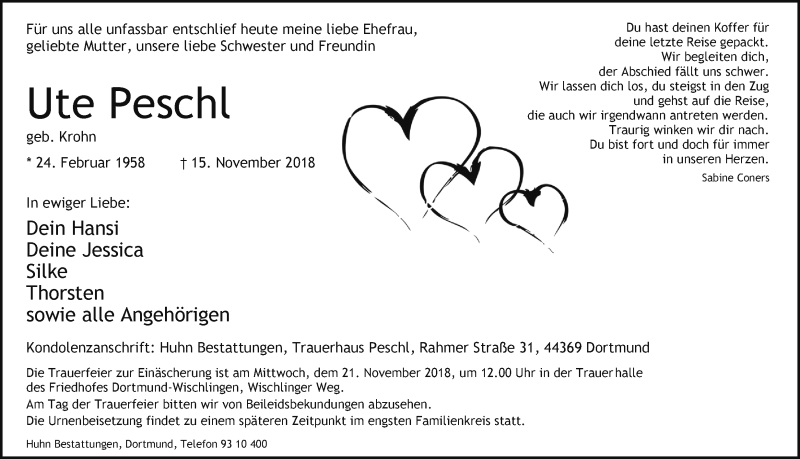  Traueranzeige für Ute Peschl vom 17.11.2018 aus Ruhr Nachrichten