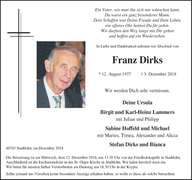  Traueranzeige für Franz Dirks vom 08.12.2018 aus Münstersche Zeitung und Münsterland Zeitung