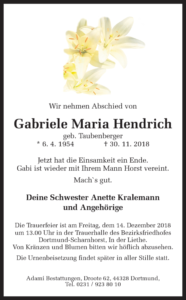 Traueranzeige für Gabriele Maria Hendrich vom 10.12.2018 aus Ruhr Nachrichten