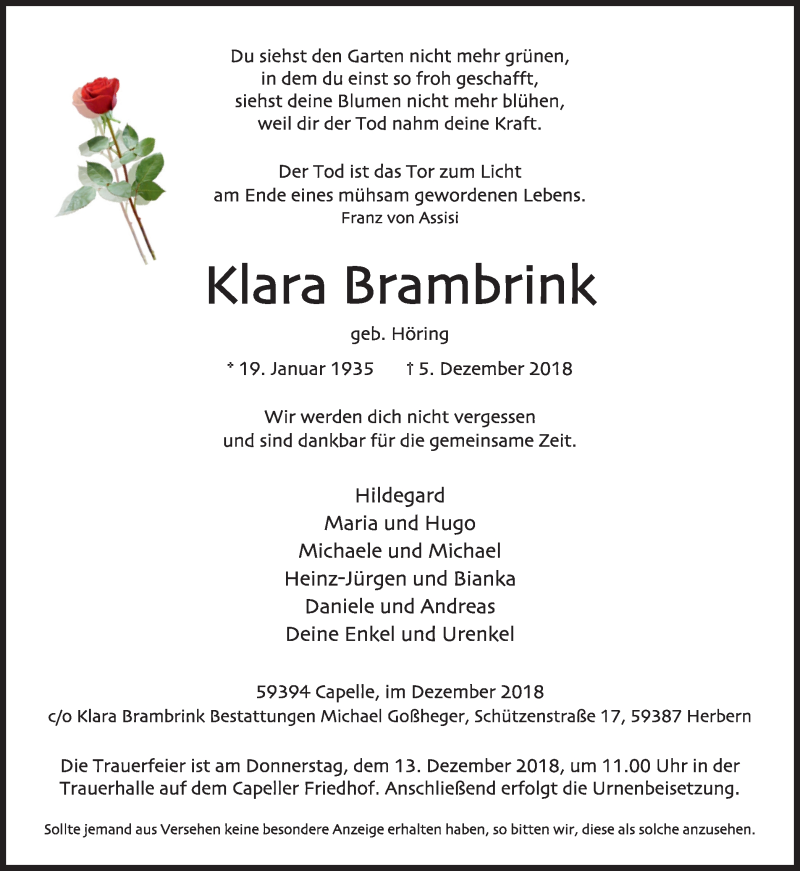  Traueranzeige für Klara Brambrink vom 08.12.2018 aus Ruhr Nachrichten