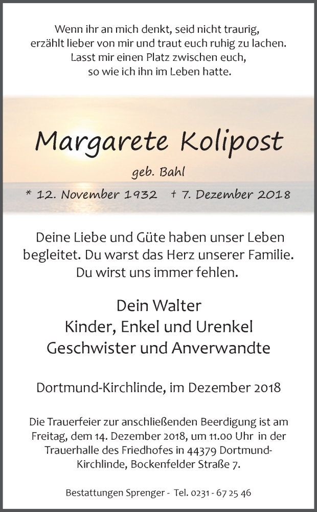  Traueranzeige für Margarete Kolipost vom 11.12.2018 aus Ruhr Nachrichten