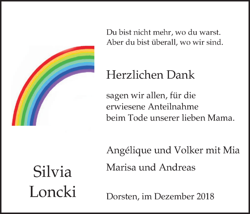  Traueranzeige für Silvia Loncki vom 19.12.2018 aus Ruhr Nachrichten und Dorstener Zeitung