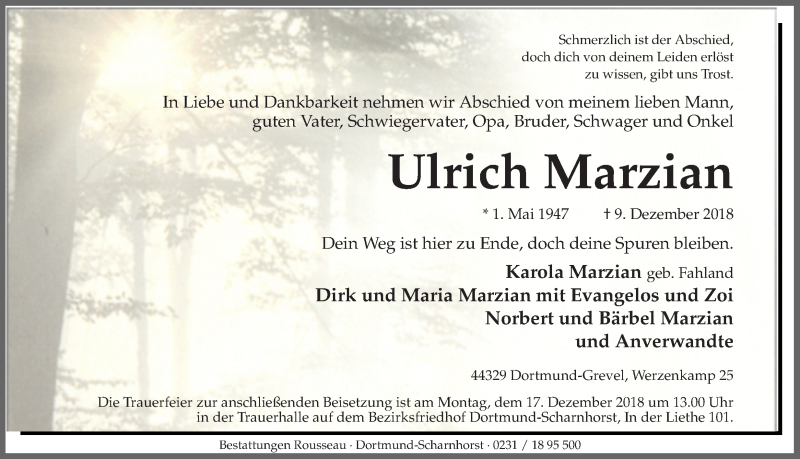  Traueranzeige für Ulrich Marzian vom 12.12.2018 aus Ruhr Nachrichten