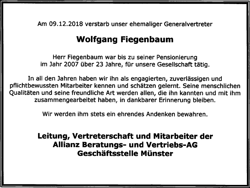  Traueranzeige für Wolfgang Fiegenbaum vom 22.12.2018 aus Münstersche Zeitung und Münsterland Zeitung