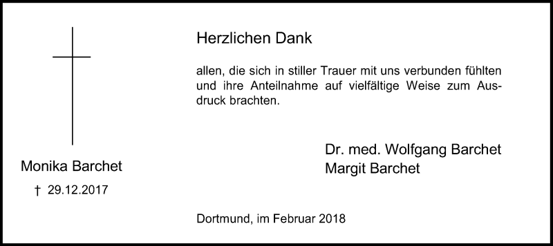  Traueranzeige für Monika Barchet vom 03.02.2018 aus Ruhr Nachrichten