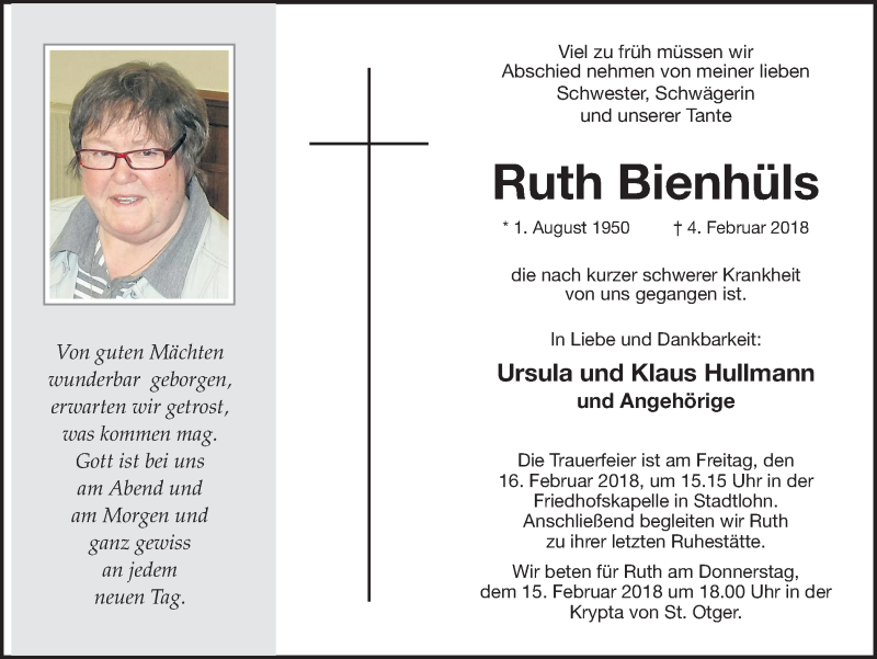  Traueranzeige für Ruth Bienhüls vom 07.02.2018 aus Münstersche Zeitung und Münsterland Zeitung