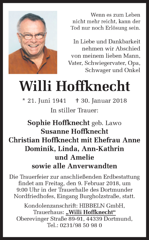  Traueranzeige für Willi Hoffknecht vom 02.02.2018 aus Ruhr Nachrichten