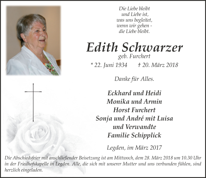  Traueranzeige für Edith Schwarzer vom 24.03.2018 aus Münstersche Zeitung und Münsterland Zeitung