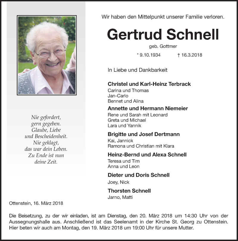  Traueranzeige für Gertrud Schnell vom 17.03.2018 aus Münstersche Zeitung und Münsterland Zeitung
