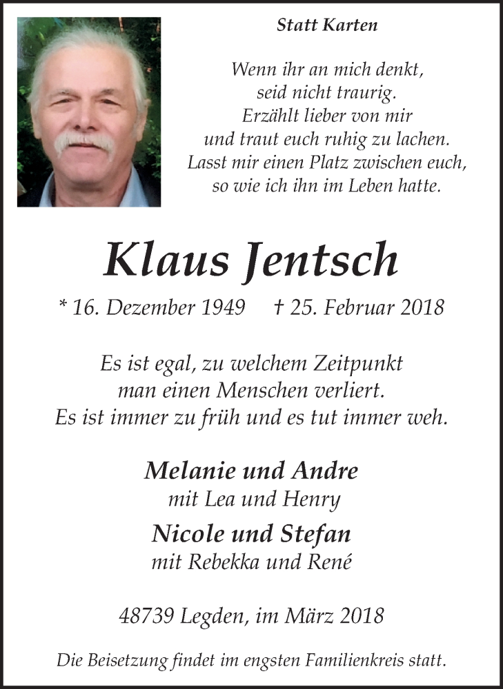  Traueranzeige für Klaus Jentsch vom 02.03.2018 aus Münstersche Zeitung und Münsterland Zeitung