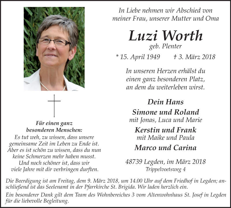  Traueranzeige für Luzi Worth vom 06.03.2018 aus Münstersche Zeitung und Münsterland Zeitung