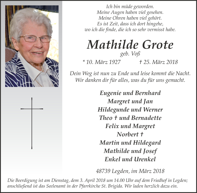  Traueranzeige für Mathilde Grote vom 28.03.2018 aus Münstersche Zeitung und Münsterland Zeitung