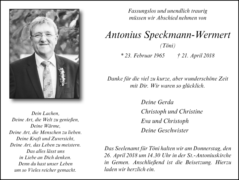  Traueranzeige für Antonius Speckmann-Wermert vom 25.04.2018 aus Münstersche Zeitung und Münsterland Zeitung