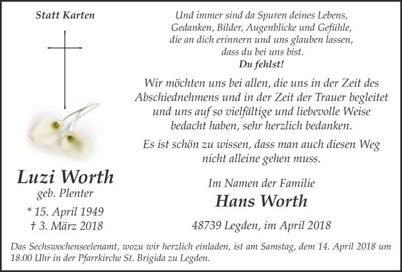  Traueranzeige für Luzi Worth vom 10.04.2018 aus Münstersche Zeitung und Münsterland Zeitung