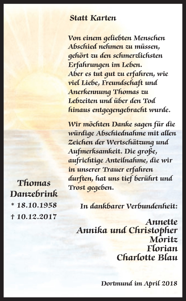  Traueranzeige für Thomas Danzebrink vom 07.04.2018 aus Ruhr Nachrichten