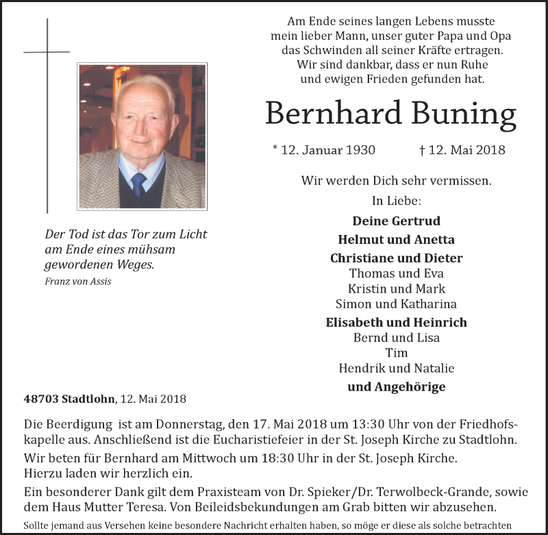  Traueranzeige für Bernhard Buning vom 15.05.2018 aus Münstersche Zeitung und Münsterland Zeitung