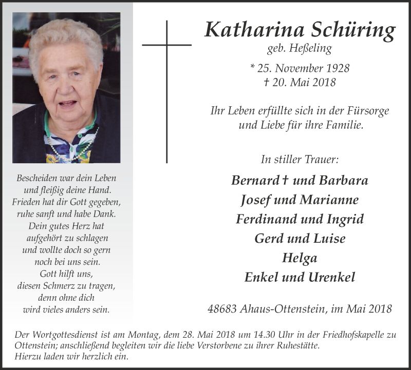  Traueranzeige für Katharina Schüring vom 24.05.2018 aus Münstersche Zeitung und Münsterland Zeitung