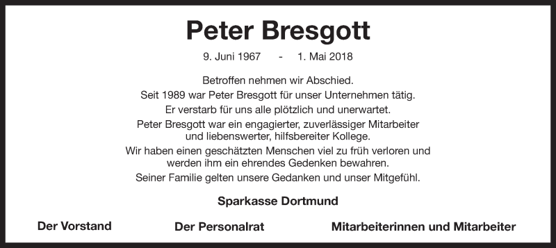 Traueranzeige für Peter Bresgott vom 05.05.2018 aus Ruhr Nachrichten
