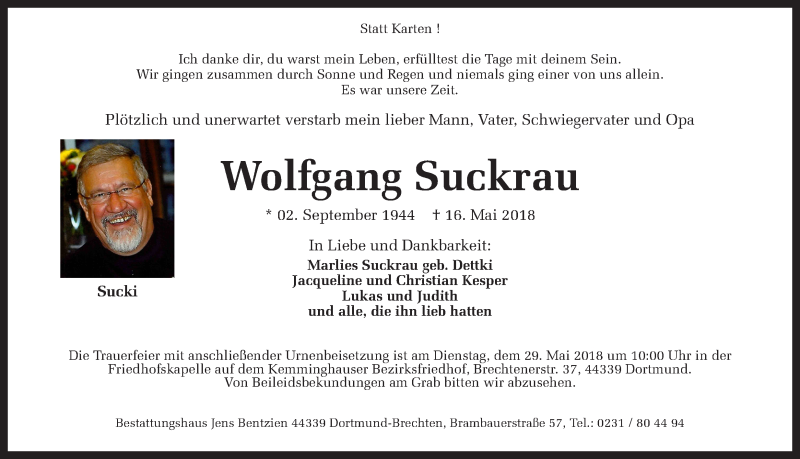  Traueranzeige für Wolfgang Suckrau vom 23.05.2018 aus Ruhr Nachrichten