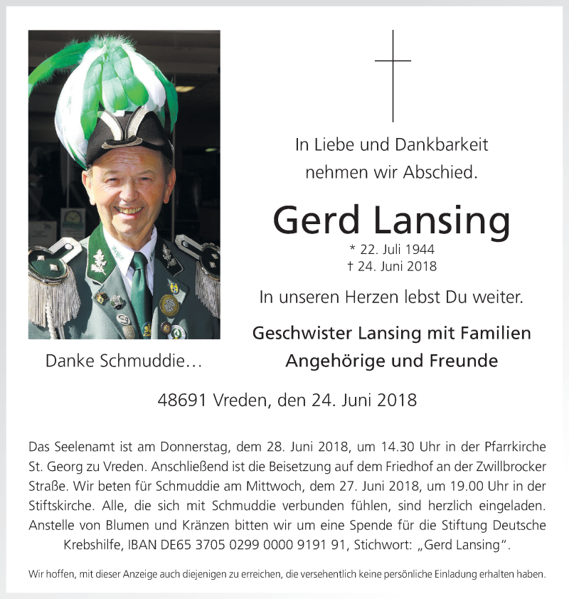  Traueranzeige für Gerd Lansing vom 26.06.2018 aus Münstersche Zeitung und Münsterland Zeitung