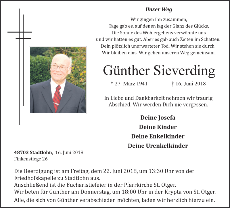  Traueranzeige für Günther Sieverding vom 19.06.2018 aus Münstersche Zeitung und Münsterland Zeitung