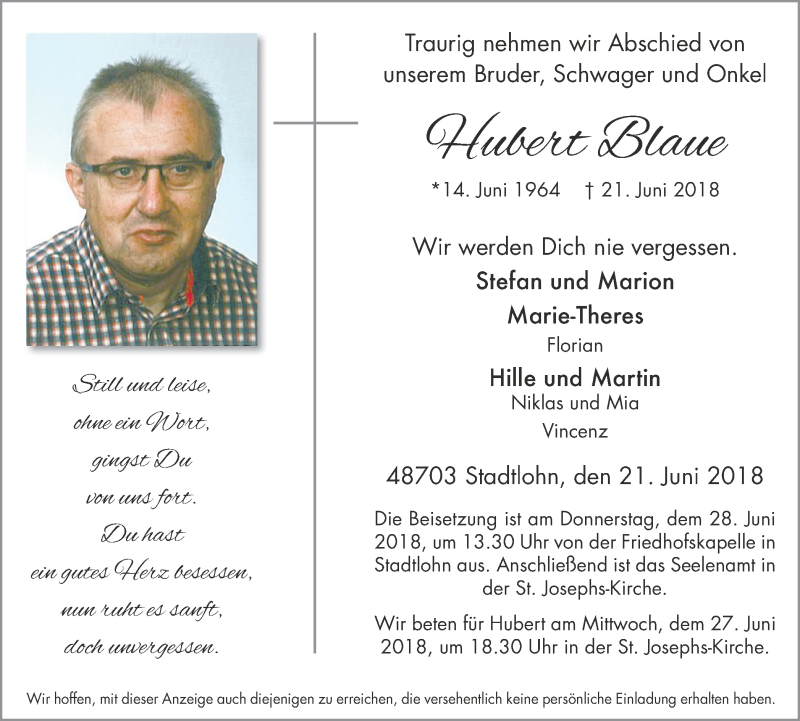  Traueranzeige für Hubert Blaue vom 23.06.2018 aus Münstersche Zeitung und Münsterland Zeitung