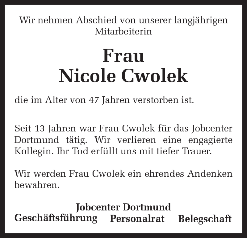  Traueranzeige für Nicole Cwolek vom 15.06.2018 aus Ruhr Nachrichten
