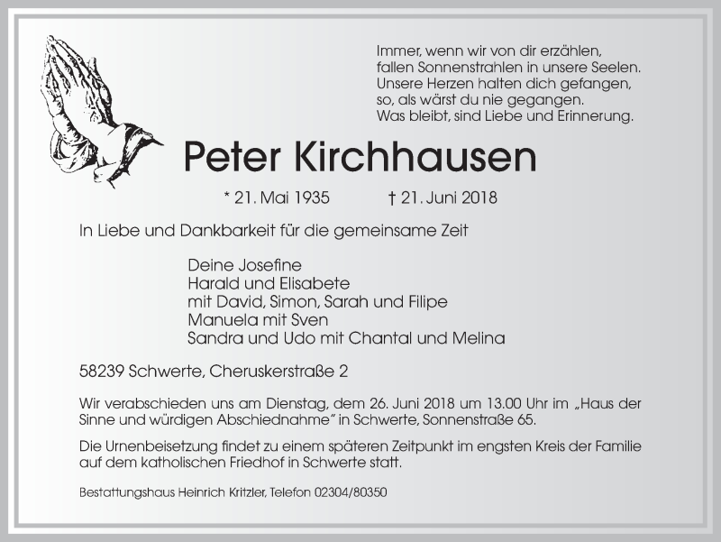  Traueranzeige für Peter Kirchhausen vom 23.06.2018 aus Ruhr Nachrichten