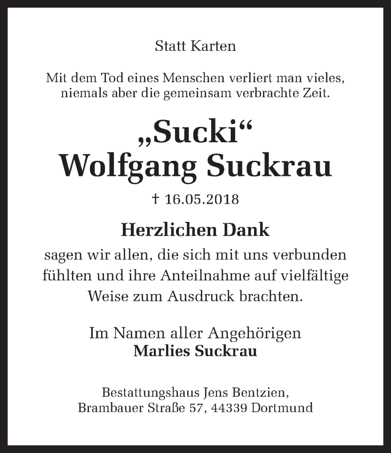  Traueranzeige für Wolfgang Suckrau vom 02.06.2018 aus Ruhr Nachrichten