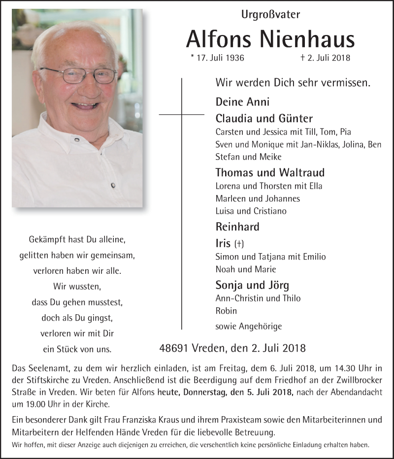  Traueranzeige für Alfons Nienhaus vom 05.07.2018 aus Münstersche Zeitung und Münsterland Zeitung