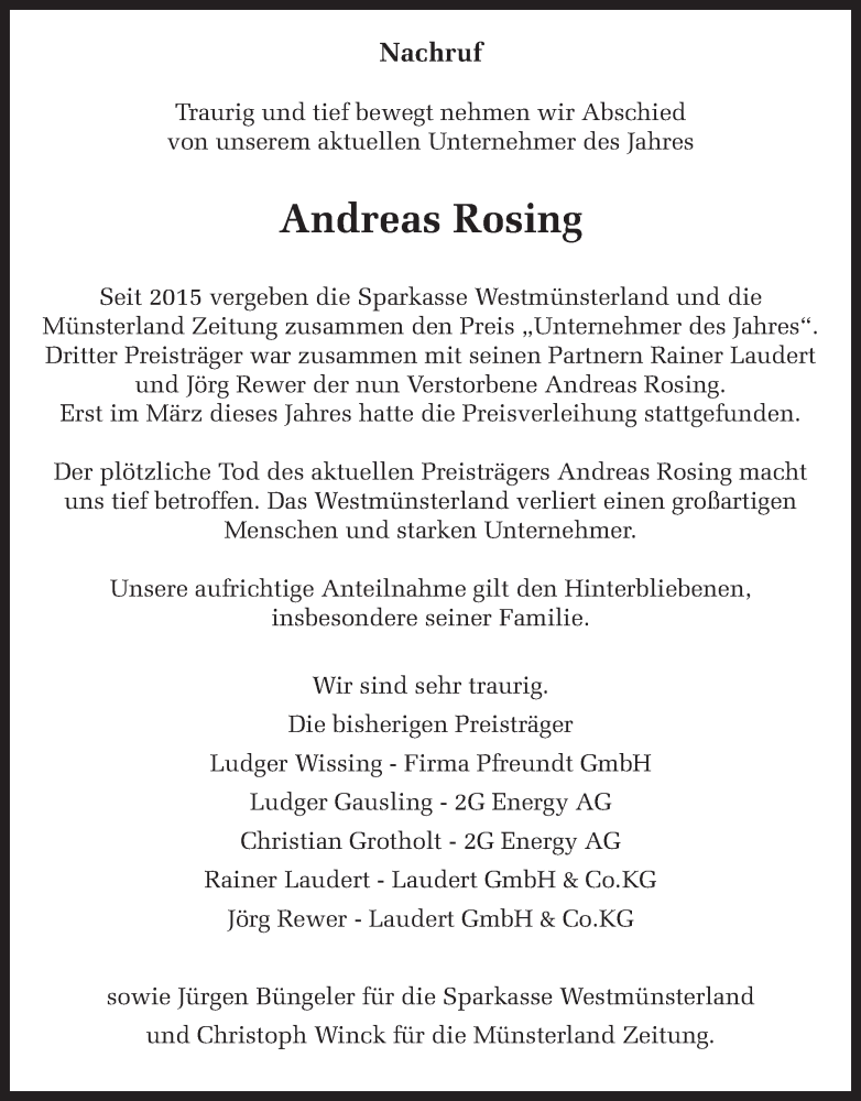  Traueranzeige für Andreas Rosing vom 10.07.2018 aus Münstersche Zeitung und Münsterland Zeitung