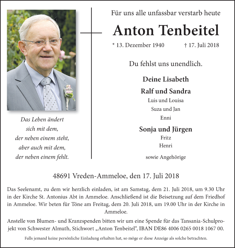  Traueranzeige für Anton Tenbeitel vom 19.07.2018 aus Münstersche Zeitung und Münsterland Zeitung